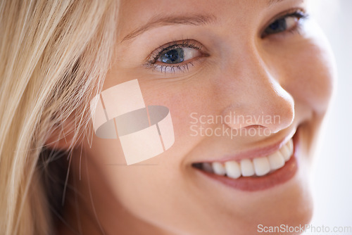 Image of Closeup, happy woman and smile for skincare with portrait in home for dermatology, texture or pigmentation. Female person, hair and face for results of beauty, treatment or hydration for anti aging