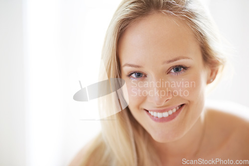 Image of Closeup, happy woman and smile for beauty with portrait in home for skincare, texture and hydration. Female person, hair and face for results with dermatology, treatment or spf for anti aging of skin