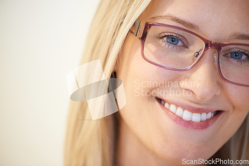 Image of Portrait, happy woman and glasses with smile in closeup for eye care, vision and health. Female person, spectacles and excited for optometry for correction, frame or lens by sight, glaucoma or retina