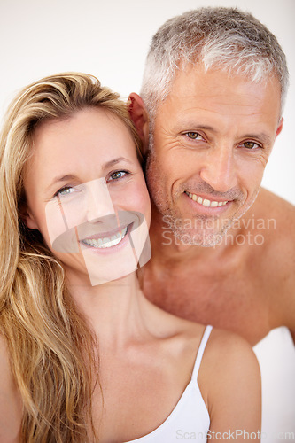 Image of Smile, happy and portrait of mature couple with love, care and positive attitude together. Bonding, excited and closeup of attractive senior man and woman with confidence and marriage from Australia.