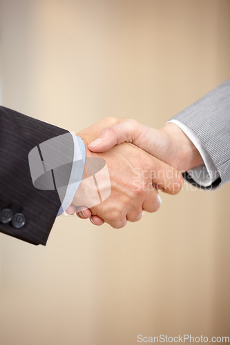 Image of Business people, handshake and meeting in b2b, partnership or deal together in teamwork at office. Closeup of employees shaking hands in thank you for hiring, agreement or recruiting on mockup space