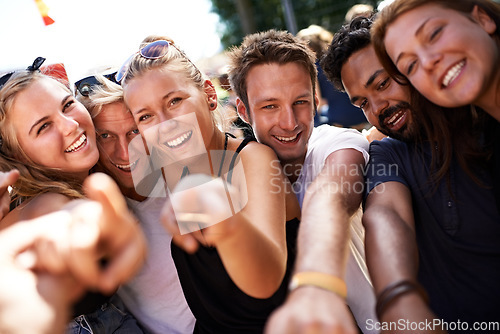 Image of Festival friends, summer portrait and happy people, crowd or audience bond, smile and holiday together. Community freedom, entertainment and young group at social event, outdoor concert or reunion