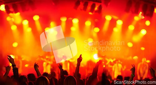 Image of Crowd silhouette, music festival lights and band concert audience listen to artist, stage performance or rock star. Night show entertainment, excited group energy and back of fans cheers for musician