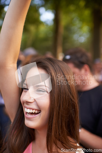 Image of Happy, music and festival with woman in crowd for celebration, party and energy. Dancer, new years concert and rock event with person dance in countryside for social, rave club and summer disco