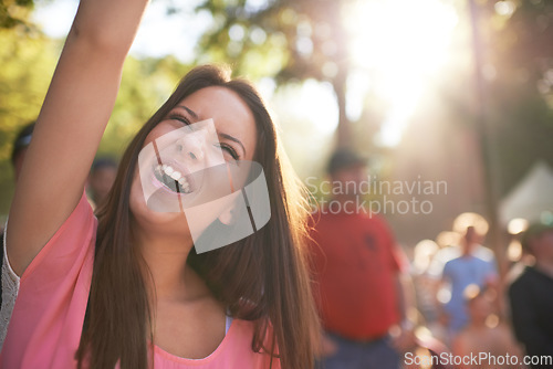 Image of Dance, music and festival with woman in crowd for celebration, party and energy. Dancer, new years concert and rock event with happy person in countryside for social, rave club and summer disco