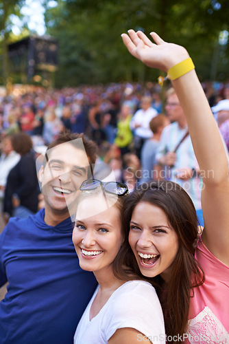 Image of Dance, music and festival with portrait of friends in crowd for celebration, party and energy. Dancer, concert and rock event with people in countryside for social, rave club and summer disco