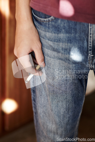 Image of Person, hand and cigarette closeup for smoking stop unhealthy habit, dangerous or addiction. Fingers, holding and tobacco drag vice or stress management for lungs pain risk, bad problem of cancer