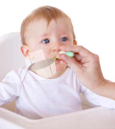 Image of Cute, spoon and baby eating vegetables in feeding chair in a studio for health and nutrition. Sweet, natural and boy newborn, child or kid enjoying a meal for wellness diet by white background.