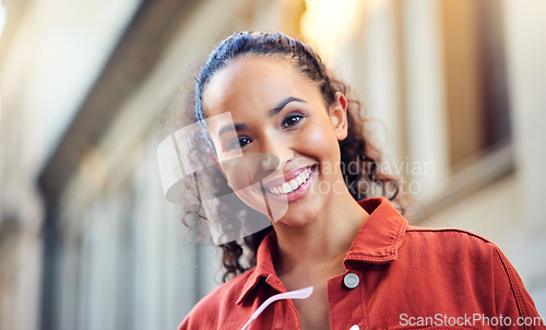 Image of Woman, portrait and smile in city for explore in summer vacation, street travel or downtown. Female person, face and sunglasses for relax outdoor weekend or tourist in town, holiday walking in Brazil