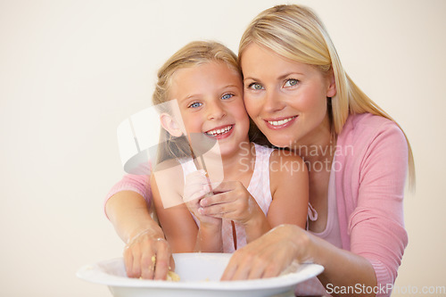 Image of Portrait, kitchen and baking mom, happy child or family parent help, support or teaching girl cooking recipe. Mothers love, happiness or young kid smile for learning how to bake with bowl ingredients