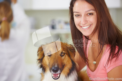Image of Vet portrait, dog and happy woman, owner or client for medical help, wellness healing services or animal healthcare support. Patient, veterinary or hospital customer smile for pet canine consultation