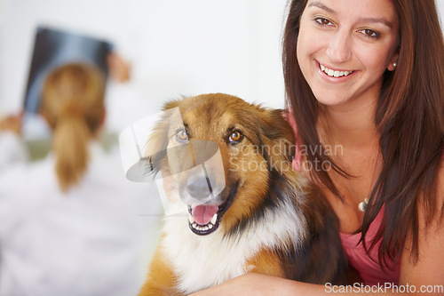 Image of Veterinary portrait, dog and happy woman, owner or client for medical help, healing services or animal nursing, support or healthcare. Patient, vet and smile for pet canine consultation, test or exam