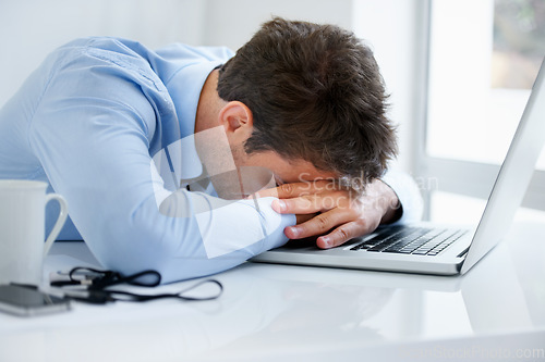 Image of Businessman, sleeping and tired at work, burnout and exhausted or mental health, desk and overwhelmed. Male person, dreaming and lazy in office, resting and fatigue or low energy, coffee and nap