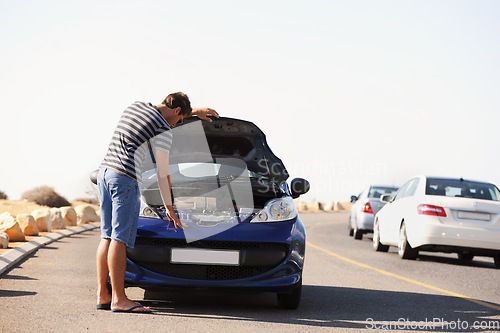 Image of Breakdown, stress and man with car on road with engine problem, mechanic issue and transport crisis in city. Travel, street and frustrated person for auto repair, motor service or roadside assistance