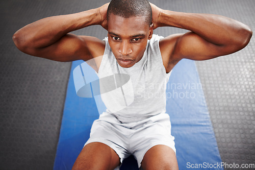 Image of Gym, sit ups and black man with fitness, exercise and core training with wellness, strong and bodybuilding. African person, athlete and guy with workout routine, health and movement with endurance