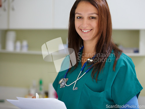 Image of Veterinary portrait, clinic documents and happy woman with test results, assessment notes or animal healthcare nursing info. Pet service, job experience or veterinarian smile for vet feedback support
