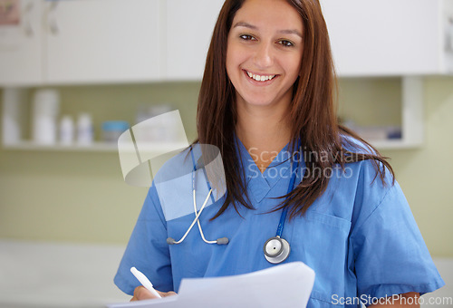 Image of Surgeon portrait, clinic documents or happy woman with test results, assessment note or medical healthcare nursing info. Wellness service, job experience or doctor smile for hospital feedback support