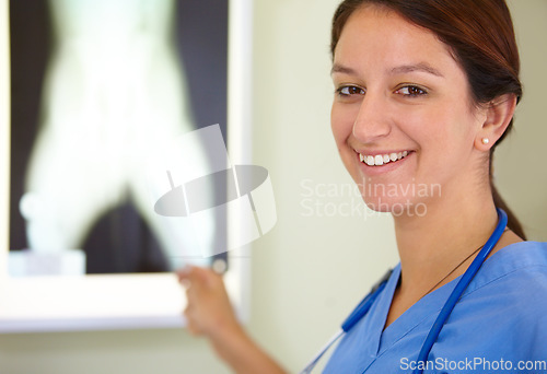 Image of Happy woman, portrait and veterinarian nurse with xray of animal for examination, tests or diagnosis on injury at vet. Female person, doctor or medical pet professional with CT scan or MRI at clinic