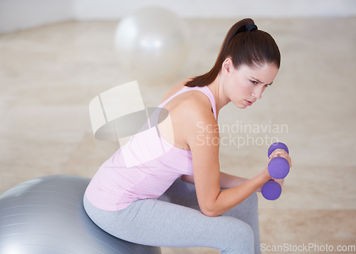 Image of Dumbbells, woman and fitness with workout, health and wellness studio with gym equipment, sports and exercise ball. Person, challenge and girl with progress, hardcore and endurance with energy