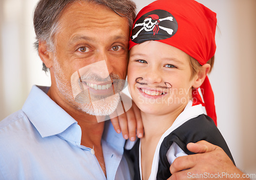 Image of Family, portrait and father with son for halloween party, home and face paint for happiness in childhood. Man, child and holiday event, pirate costume and love for celebration together with wellness