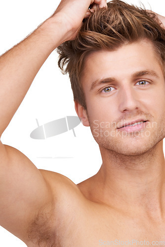 Image of Hair care, man and portrait with happy in studio for shampoo, treatment and wellness aesthetic with hands. Grooming, face and person with haircare routine, cosmetic and hygiene on white background