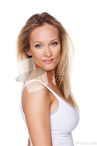 Image of Portrait, beauty and skin care with a woman in studio for glow, shine and flawless look. Face of a young female model person on a white background with confidence, dermatology and cosmetics or makeup