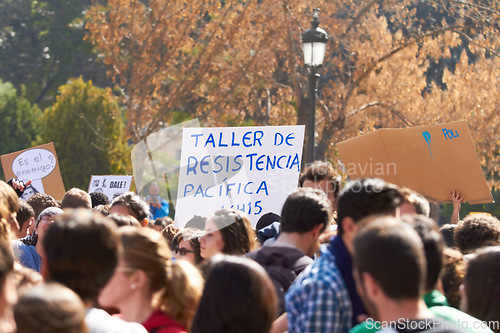 Image of Human rights, protest and crowd with poster for freedom, peace and students in Spain for justice. College, campus and group of people with power for action and sign to fight for change in education