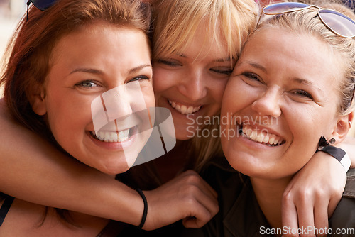 Image of Portrait, hug and women with smile, friends and happiness with vacation, funny and bonding together. Face, people and girls with joy, weekend break and getaway trip with party, reunion and love