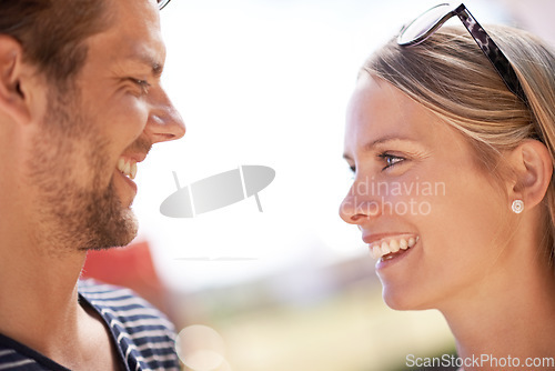 Image of Outdoor, summer and couple with happiness, conversation and cheerful with joy, bonding together and weekend break. Outside, man and woman with discussion, speaking and talking with vacation and love