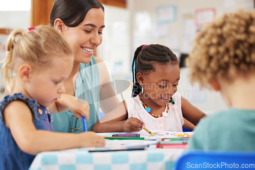 Image of Happy, teacher and woman with education, students and ideas with kindergarten, lessons or teaching. Person, educator or children writing, knowledge or kids in a classroom with help, smile or learning