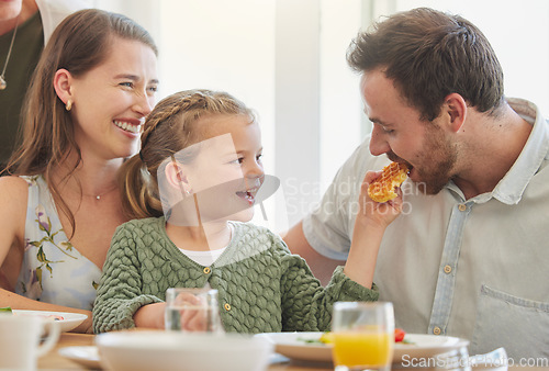 Image of Breakfast, family and eating with parents, mother and happy kid together in a home. Love, support and care on a dining room with a smile and food with bonding in the morning with waffle in a house