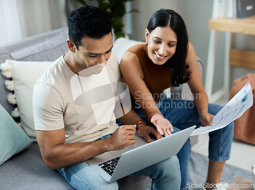 Image of Happy couple, laptop and documents in budget planning, finance or expenses and bills on sofa at home. Man and woman with paperwork on computer in living room for financial plan or insurance at house