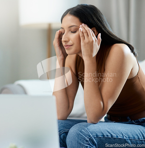 Image of Frustrated woman, headache and stress on sofa for laptop, burnout or mental health in living room at home. Face of female person with migraine, anxiety or debt in financial crisis or fail at house