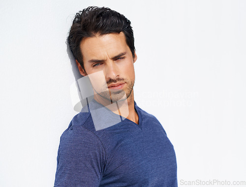 Image of Thinking, man and outdoor in the sun with idea and calm with memory and modern style. White background, model and contemplating with a relax person from California in the sunshine with confidence