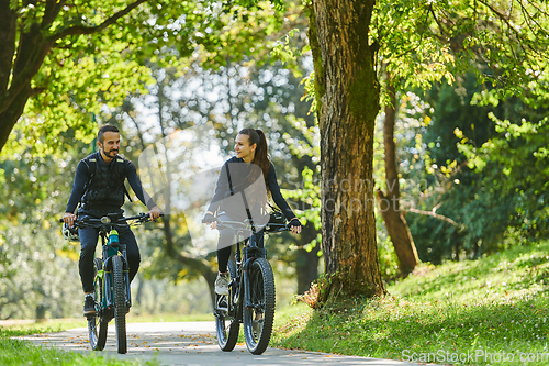 Image of A blissful couple, adorned in professional cycling gear, enjoys a romantic bicycle ride through a park, surrounded by modern natural attractions, radiating love and happiness