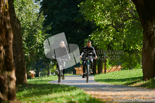 Image of A blissful couple, adorned in professional cycling gear, enjoys a romantic bicycle ride through a park, surrounded by modern natural attractions, radiating love and happiness