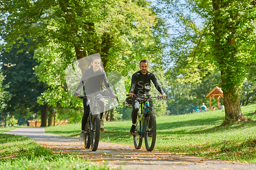 Image of A blissful couple, adorned in professional cycling gear, enjoys a romantic bicycle ride through a park, surrounded by modern natural attractions, radiating love and happiness