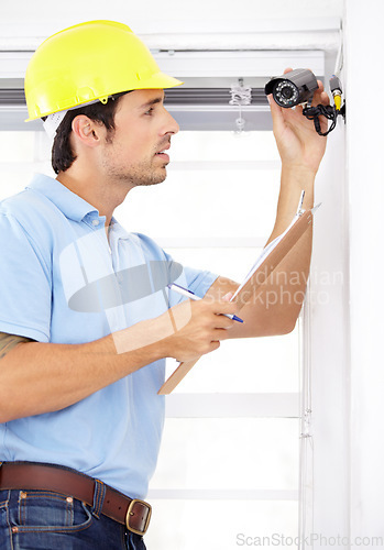 Image of Technician man, clipboard and security camera for home CCTV installation and documents for safety or maintenance. Engineering contractor with checklist for surveillance, inspection and services