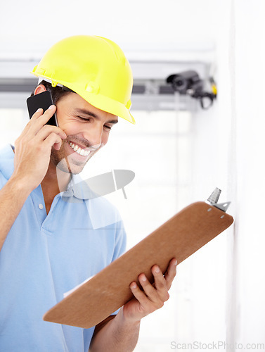Image of Technician, happy and phone call for security camera, checklist and CCTV installation or services in home. Man or contractor reading clipboard for surveillance information, solution or mobile support