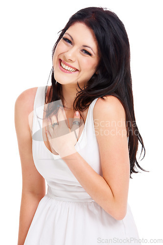 Image of Fashion, laughing and portrait of woman in a studio with casual, stylish and beautiful dress. Happy, style and female model from Australia with trendy outfit and positive attitude by white background