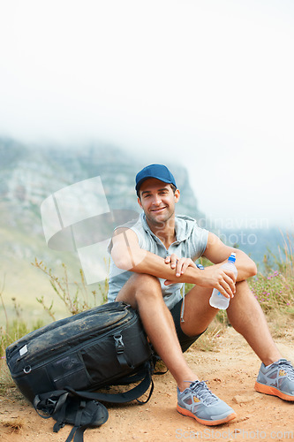 Image of Break, man or portrait in nature hiking with water, backpack or drink in workout, training or exercise mockup. Happy, smile or relax person on mountains trail health, wellness or summer sports rest