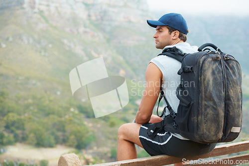 Image of Thinking, man or rest in nature hiking with backpack for workout, training or exercise view. Hiker, person or planning on relax mountains for health, wellness or sports vision for Brazil summer break