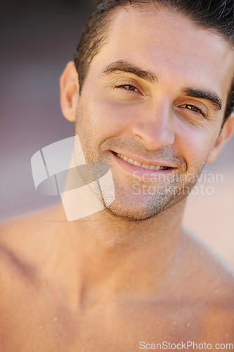 Image of Man, portrait or beach athlete in water swimming, surfing or sports in Brazilian nature or relax summer break. Happy face, body or wet person shirtless in training workout, exercise or surfer fitness