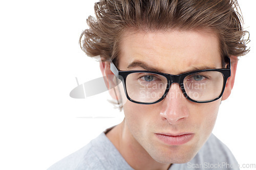 Image of Nerd, portrait or glasses for questions, confused or doubt face expression by white background on studio space. Closeup, man or curious for vision, optometry or fashion frame choice for eyes solution