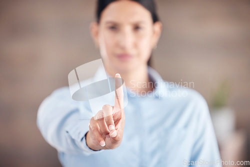 Image of Business woman, hand and stop for wait, no or halt in gesture, protest or take a stand at office. Closeup of female person or employee showing finger for negative sign or disapproval at workplace