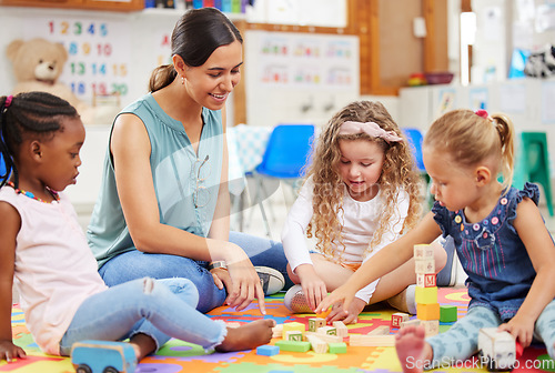 Image of Toys, teacher and woman with education, students or ideas with conversation, lessons or teaching. Person, educator or children building, knowledge or kids in a classroom with kindergarten or learning