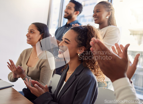 Image of Happy business woman, team and applause in meeting, tradeshow or achievement of success, award or feedback in seminar. Diversity, employees or clapping to celebrate presentation, conference or praise