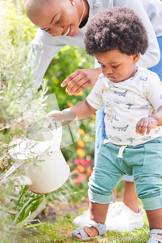 Image of Mother, watering and child on plant with black family, love and support together with baby in garden. Lawn, green gardening and mom with happy kid, mama and backyard with youth and relax in nature