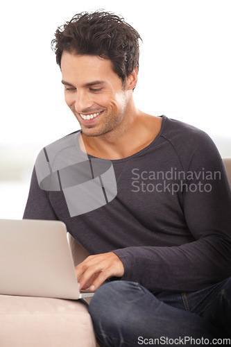 Image of Happy man, work from home and computer for marketing, copywriting and planning or research on website and sofa. Startup freelancer or blog writer relax on couch with laptop, internet or happy project