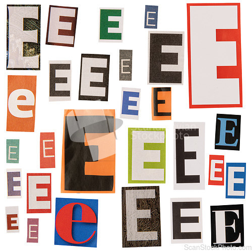 Image of Letter E cut out from newspapers